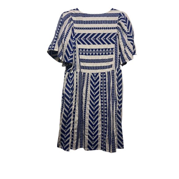 Old Navy Blue White Geometric Print V-Neck Dress Women’s Medium with Pockets - Picture 2 of 5